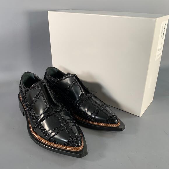 SIMONE ROCHA Size 8 Black Tinsel Embellishment Leather Slip On Loafers